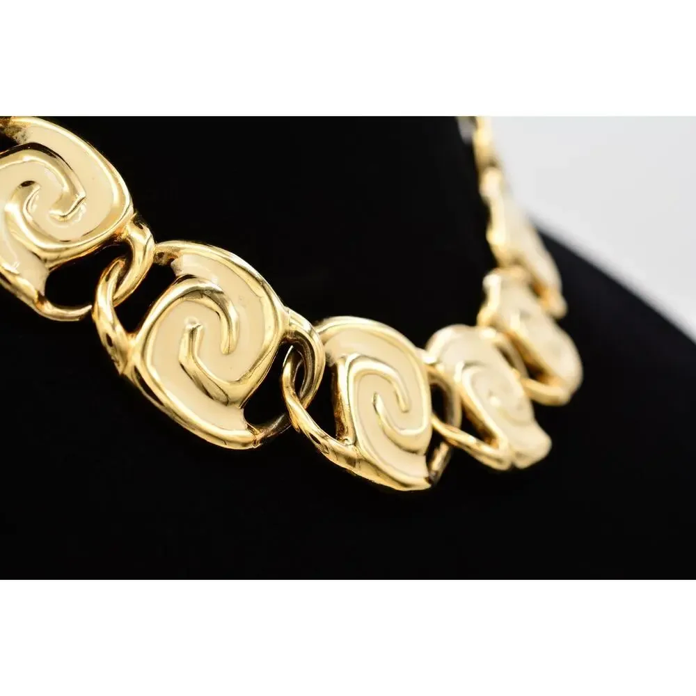 Vintage Cream Enamel Swirl Statement Necklace Collar Gold Chunky Heavy 80s BinY